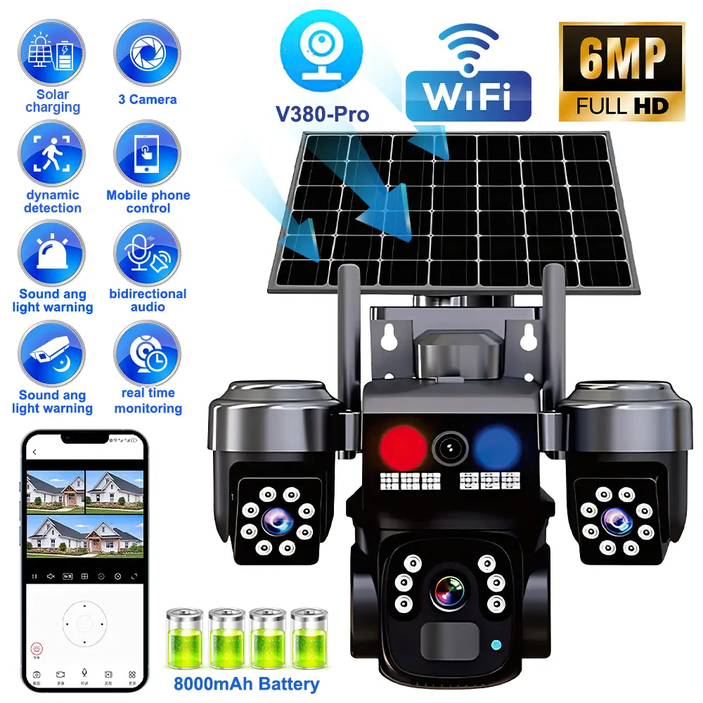 QD5 Outdoor Solar Wireless Security Camera - Triple Lens, 3-Screen Display, 6MP High-Resolution, Night Vision, Human Detection, Auto Tracking, 8000mAh Battery, 24/7 No-Wiring Monitoring, Motion Alert, Bidirectional Audio for Farm, Home, Day Night Vision,