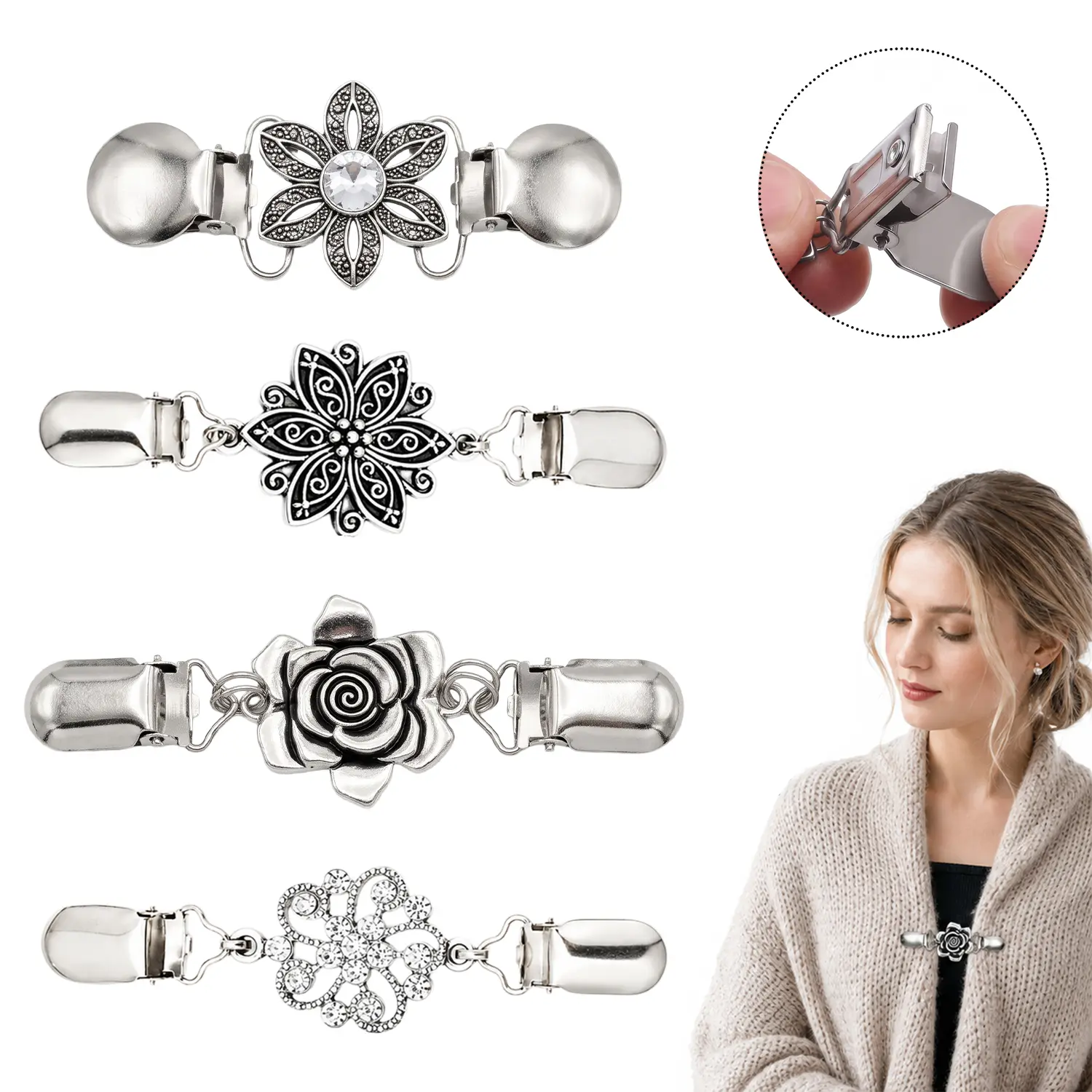 Vintage Cardigan Clips for Women 4 Pack, Sweater Shawl Clips, Retro Zinc Alloy Brooch Pins, Stylish Knitwear Fasteners for Sweaters, Scarves & Dresses, Fashion Clothing Accessories