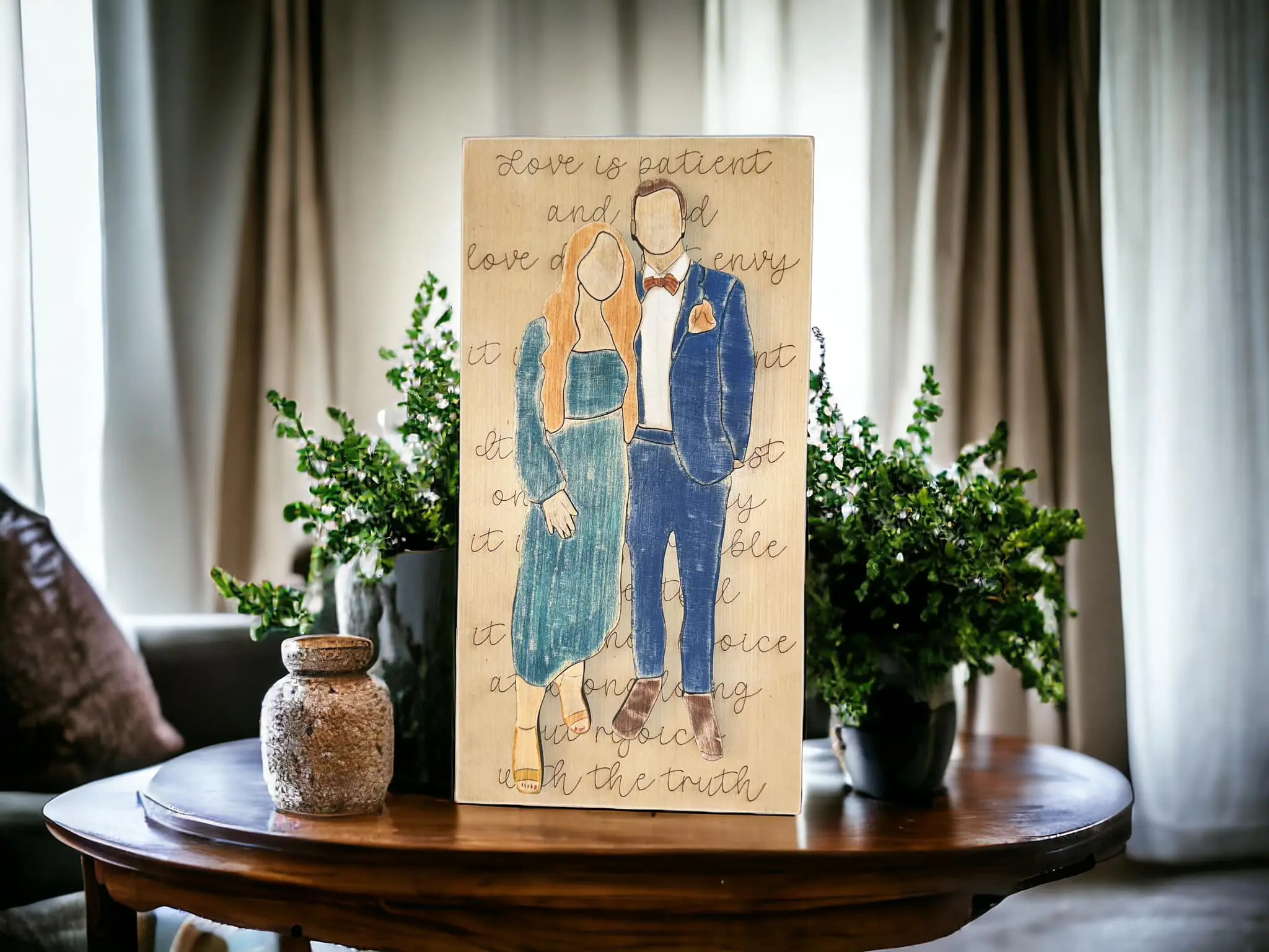 Personalized Wooden Portrait, Faceless Chiseled Wood Art, Wooden Picture, Faceless Puzzle Art, One of a Kind Art, Drawn, laser cut, chiseled, painted and then put together. This listing is for singles, couples or families up to 4.