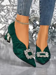 Women's Elegant High Heels with Large Rhinestone Buckle, Fashionable and Comfortable, Sparkly Party Shoes, Pointed Toe, Artificial Leather, Fall & Winter Shoes