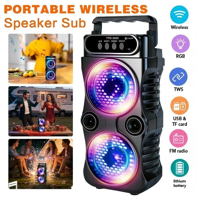 Portable Wireless Speaker with RGB LED Lights, TWS Stereo Bass Subwoofer, USB/TF Card Support, FM Radio for Outdoor Camping Parties