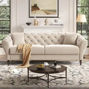 82 Inch Chesterfield loveseat Sofa,Tuxedo Arms Modern Couch Sturdy and Easy Installation, Small Sofa for Living Room Bedroom Office and Apartment,Velvet Fabric Beige