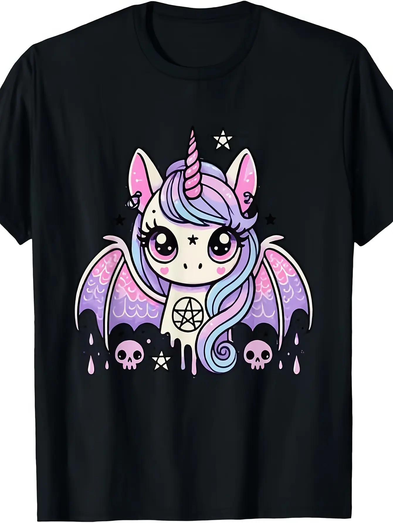Adorable Pastel Goth Style Kawaii Creepy Unicorn T unisex soft cotton short sleeve t shirt, vintage graphic casual tee for men women teens, perfect birthday holiday gift for camping travel gym daily street  wear