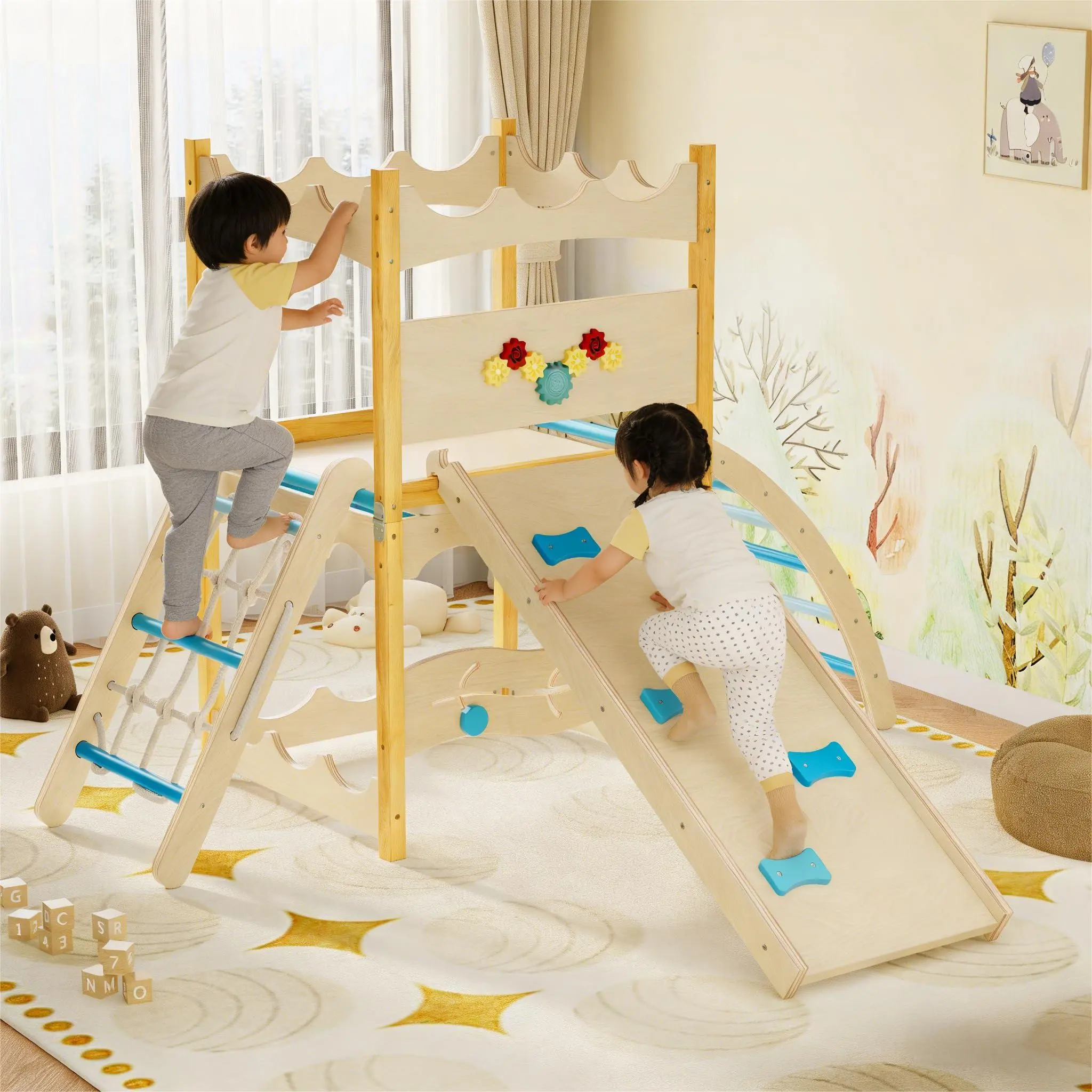 GARVEE Indoor Jungle Gym,6-in-1 Wooden Kids Climbing Toys with Slide,Climbing Rock,Climbing Net,Ladder,Rest Area & Circle Labyrinth – Montessori Indoor Playground Climber Set for Toddlers and Kids