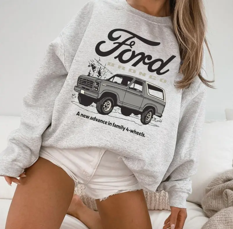 Vintage Ford Bronco Graphic Sweatshirt, Retro Classic Car Crewneck Pullover for Men and Women, Oversized Aesthetic Streetwear, Casual Grey Long Sleeve Jumper, Car Enthusiast Gift