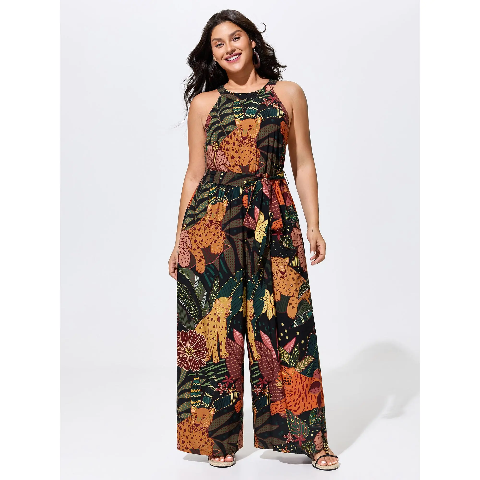 BloomChic Plus Size Animal Print Jumpsuit, Sleeveless Fitted Halter Neck in Smooth Rayon, Belted Resort Wear with a Side Pocket, Plus Size Clothes