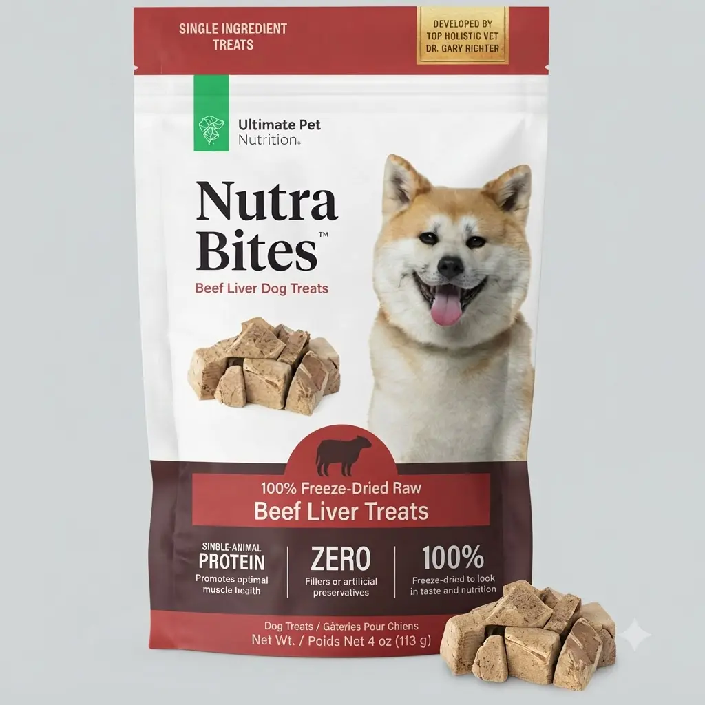 ULTIMATE PET NUTRITION Nutra Bites Dog Treats 4 oz Beef Liver Vet Developed Freeze Dried Raw Single Ingredient Topper