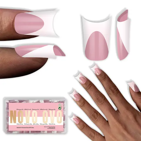 NOVO OVO Fake Nails Set for DIY Enthusiasts, 240 Pcs Extra Thick Soft Gel Full Cover with Rose Pink-French Tips, 15 Sizes, Moon Curve, Sturdy Edges, Almond-Square Tips, Duck Nail Design, Light White-Berry Pink Options, Stick + Paint Accessories