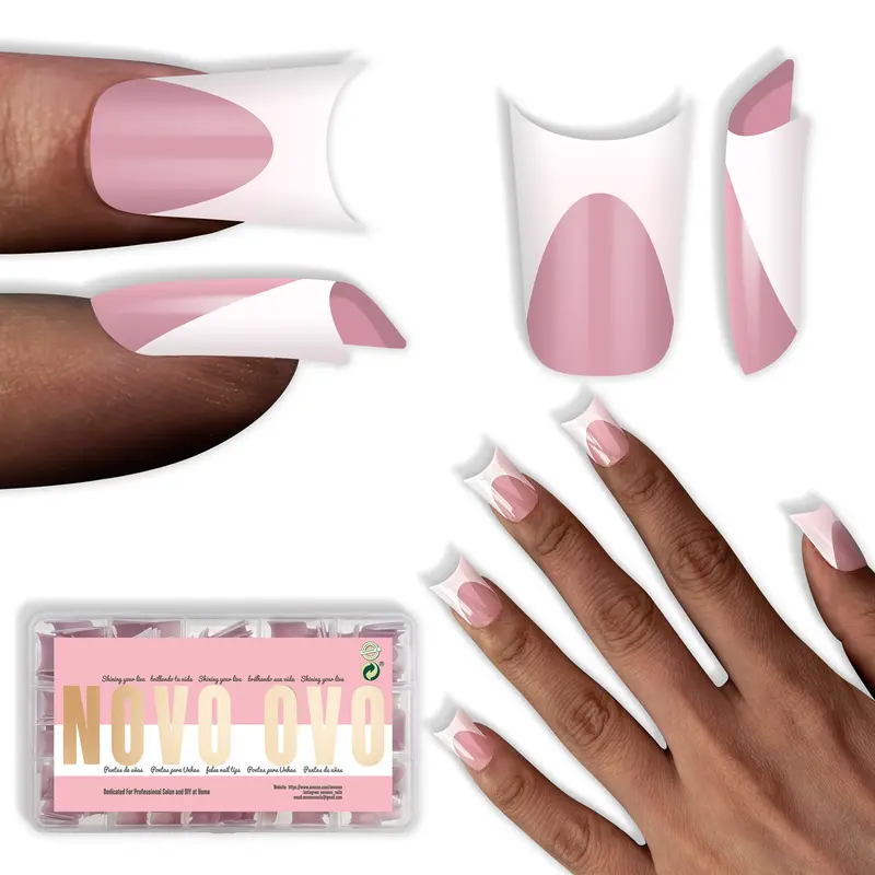 NOVO OVO Fake Nails Set for DIY Enthusiasts, 240 Pcs Extra Thick Soft Gel Full Cover with Rose Pink-French Tips, 15 Sizes, Moon Curve, Sturdy Edges, Almond-Square Tips, Duck Nail Design, Light White-Berry Pink Options, Stick + Paint Accessories