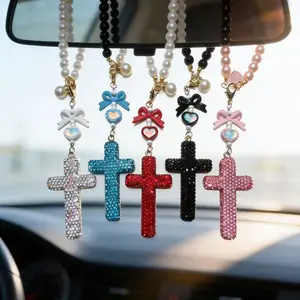 Shiny Diamond Cross Car Rearview Mirror Ornament, Goddess Style with Bowknot, Interior Hanging Decoration for Cars, Car Interior Accessory, Car Interior Decorative