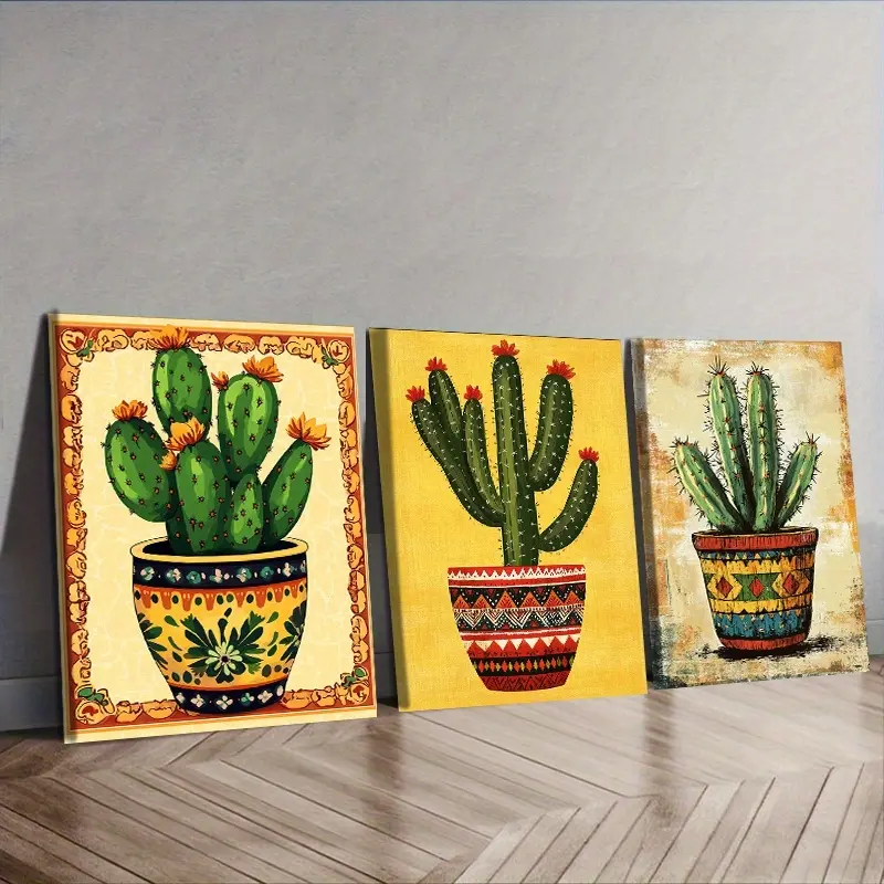 3-piece colorful cactus canvas wall art print set - wooden frame decoration, 30* 40cm, vibrant home and office decor, suitable for Living Room Decorations, coffee shop or wall decoration, cactus decoration