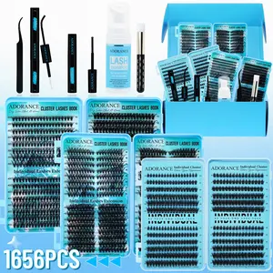 ADORANCE Mega Capacity Lash Clusters Kit 1656pcs, DIY Individual Lash Extensions with Bond & Seal Eyelash Adhesive, Lash Remover, Lash Applicator, Lash Shampoo Brush, Wispy Cluster Lashes for Natural Volume, Salon Look at Home, Manga Lash Extension