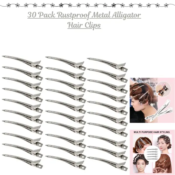 30 Pack Duck Bill Hair Clips for Styling & Hair Coloring, 3.5 Inch Rustproof Metal Alligator Curl Clips with Holes, Silver Hair Sectioning Clips for Salon, Blow Drying, DIY Styling & Women Girls