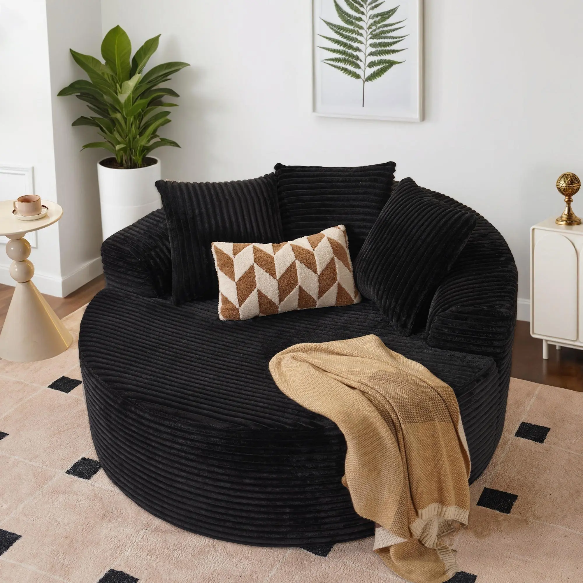 Altrigus Oversized Round Sofa Bed 59" W O-Shape Modern Deep Seat Couch with 3 Pillows, Plush Corduroy Fabric, No Assembly Required