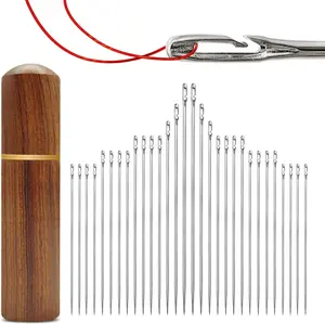 30pcs Self Threading Needles, Stainless Steel Blind Sewing Needles with Solid Wood Needle Case, Sewing Supplies for Home Use for DIY Embroidery Mending Sewing Projects,Simple Threading