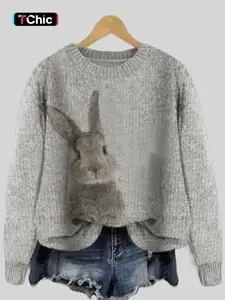 Women's Rabbit Print Drop Shoulder Crew Neck Sweater, Casual Chic Long Sleeve Round Neck Jumper for Fall & Winter, Fashion Ladies' Knitwear for Daily Wear, Women's Clothing, Sweaters for Women, Cute Tops, Knit Pullover Tops
