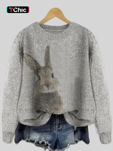 women's rabbit print drop shoulder sweater, casual chic long sleeve round neck jumper for fall & winter, fashion ladies' knitwear for daily wear, women's clothing, sweaters for women, clothes for women,  cute tops