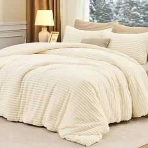 Fluffy Queen Comforter Set 3 Pieces - Super Soft & Warm Fleece Queen Bed Set Cream White, Fuzzy Heavy Bed in a Bag Queen for Winter with 1 Comforter & 2 Pi