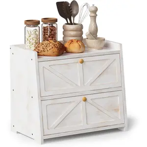 Vintage Layer Bread Box for Counter Bamboo Bread Container Large Capacity Bread Bin (Antique White)