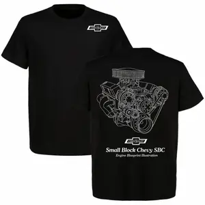 Small Block Chevy SBC Engine Blueprint Illustration T-shirt – Detailed Muscle Car Design, Premium Cotton, Perfect for Chevy Fans & Engine Enthusiasts, Vintage Style