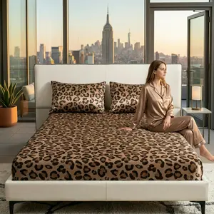 Luxury Leopard Pattern Satin Bed Sheet Set, Soft Breathable Deep Pocket Fitted Sheet & Pillow Covers, Stylish Decor Bedding for Home & Hotel Bedroom summerwins