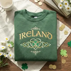 Embroidered Ireland Sweatshirt, Embroidery Ireland Hoodie, Lucky Shirt, Ireland Shirt, Ireland Gift, Irish Flag, Travel Sweatshirt,Celtic Knot & Shamrock Lucky Crewneck, Irish Heritage Green Pullover, Cozy St. Patrick’s Day Sweater