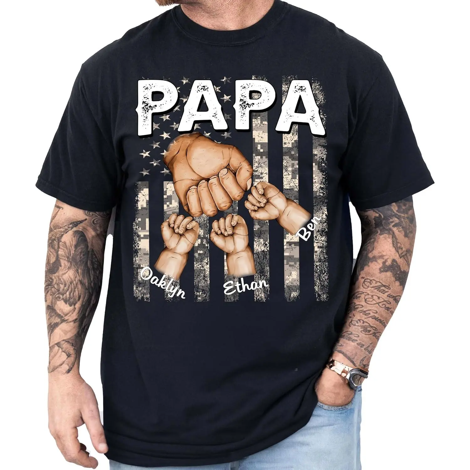 Menswear Casual Short-Sleeve Round Neck Personalized Dad Fist Bump T-Shirt - Vintage American Flag Tee, Father's Day Gift for Dad, Top, Tshirt, Year-Round, Pure Cotton, Printed Text, Name Tagging, Streetwear, Shortsleeve, Casual Fit, All Seasons