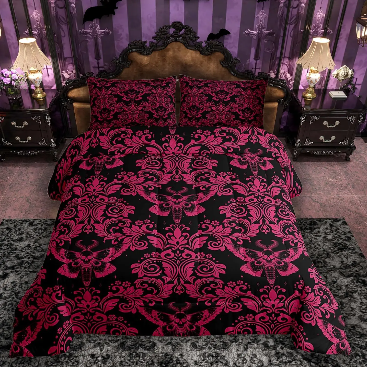 Adults Pink Vintage Damask Floral Comforter Set Oriental Antique Comforter Gothic Bohemia Boho Flower Bedding Set Gothic Skull Duvet Set Quilt Set