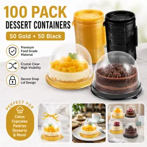 100-Pack Clear Plastic Mini Cupcake Boxes (50 Gold + 50 Black) – Individual Dome Containers for Muffins, Cake Pops, Pastries, Desserts, Mooncakes – Party Favor Baking Supplies for Wedding, Birthday, Christmas