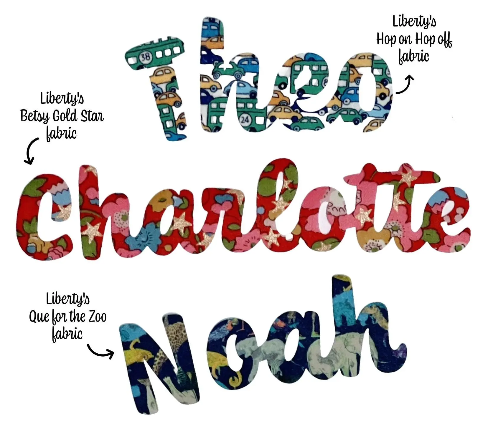 Custom Name Patches: Liberty of London fabric, Script Name Appliques, Custom Iron-On Patches (Adhesive Backing Available)