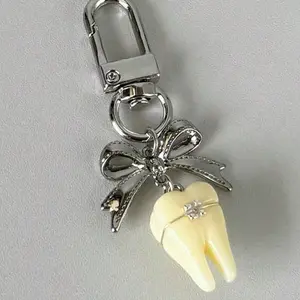 1pc Bowknot Teeth Pendant Niche Y2K Vintage Cute Bag Charm Keychain Car Accessories School Goth