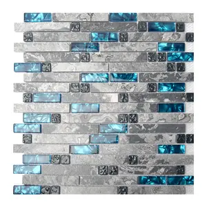 Art3d Glass Decorative Tile for Kitchen & Bathroom Backsplash, Blue/Gray Grout Design, 5-Pack, Easy Installation, Modern Mosaic Accent  Wall Stickers