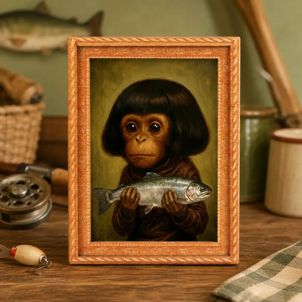 Funny Baby Monkey Fishing Fridge Magnet, Wood 3mm Framed Refrigerator Magnet, Vintage Portrait Cute Animal Art Kitchen Decor Gift