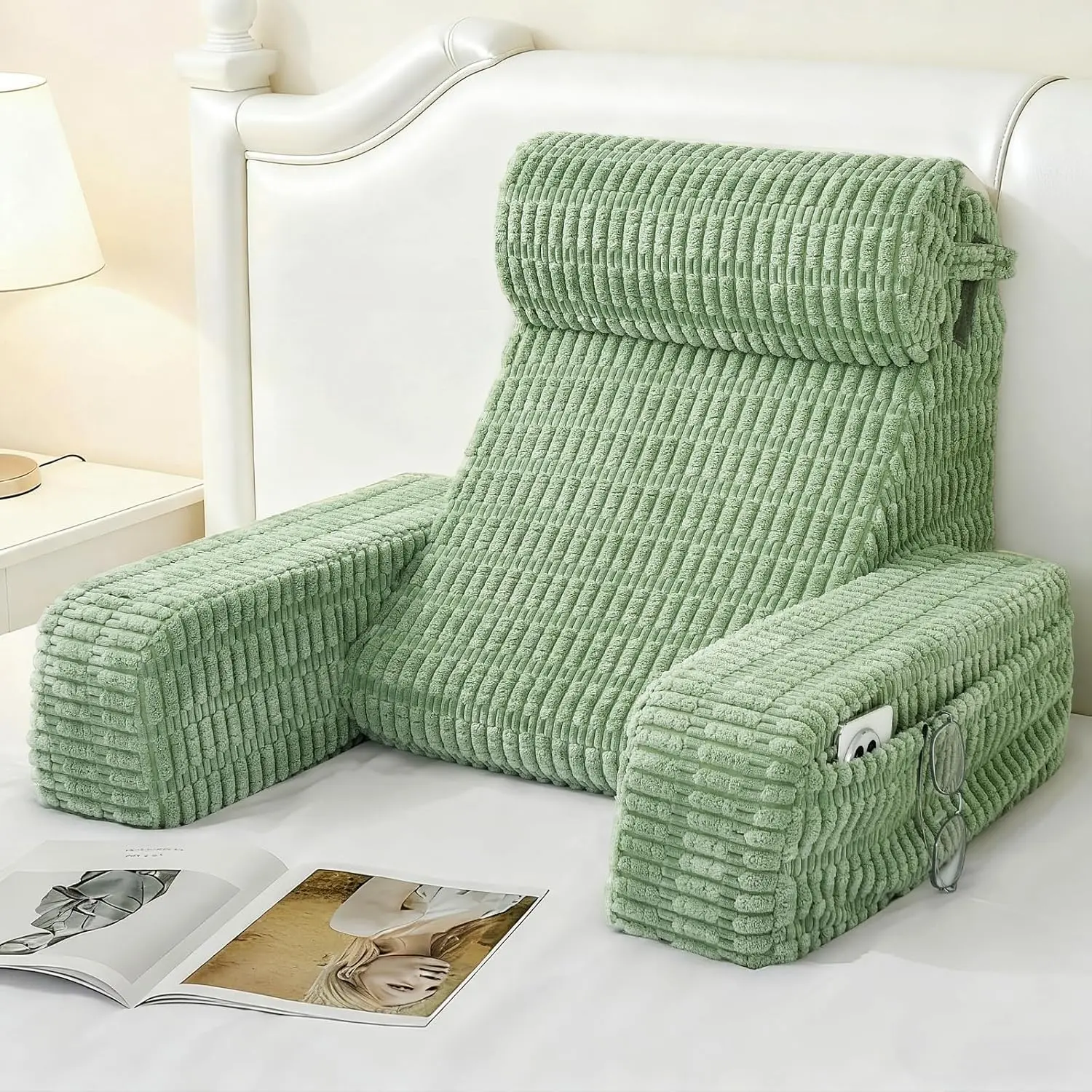 Women's Sage Green Reading Pillow - 19" Bed Backrest with Built-In Arms, Large Pockets, Washable Cover for Resting Support