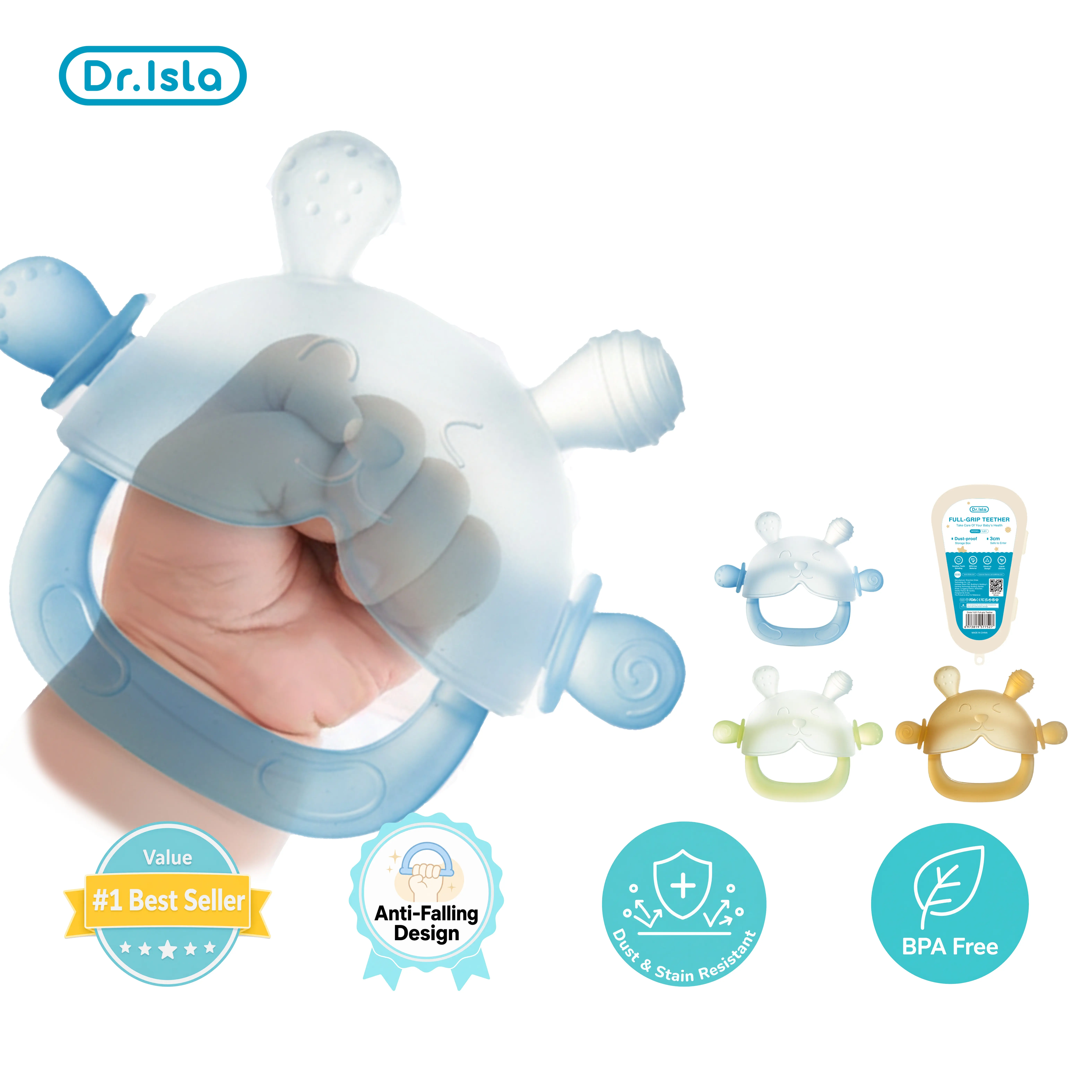 Dr.Isla No-Drop Baby Teether, Soothe Crying Baby, Stop Dirty Finger Sucking, Calm Fussy Infants, Anti-Dust Frosted Silicone, Pet Hair Proof, 3M+, Soothes Gums, Food Grade BPA Free, Standing Base, Bunny Buddy, Storage Case, Clean & Safe #summervibes summer