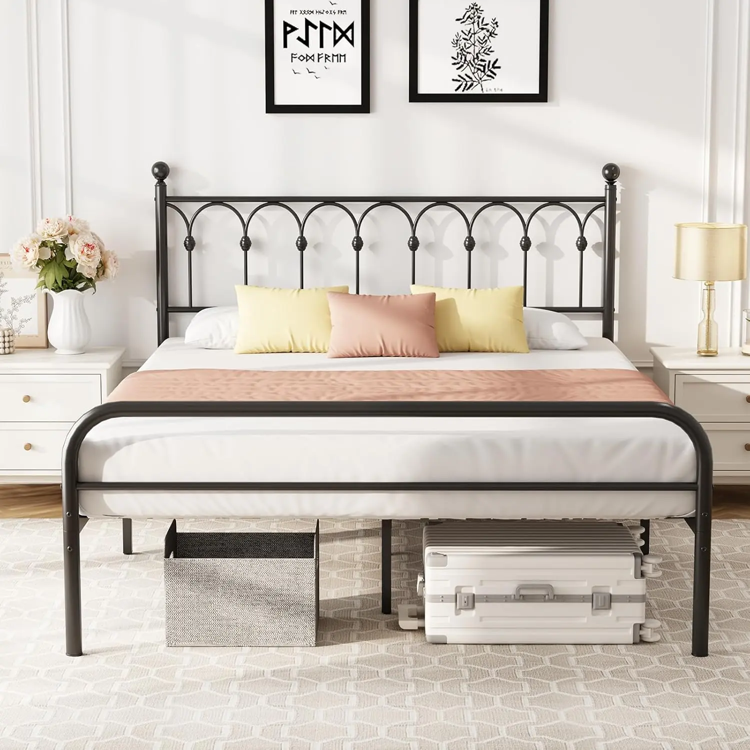 Bed Frame T2000 Static Weight Capacity Full Metal Platform Bed Reinforced Welding No Squeak Slat In Groove Assembly Spherical Iron Headboard Adjustable Feet For Uneven Floor