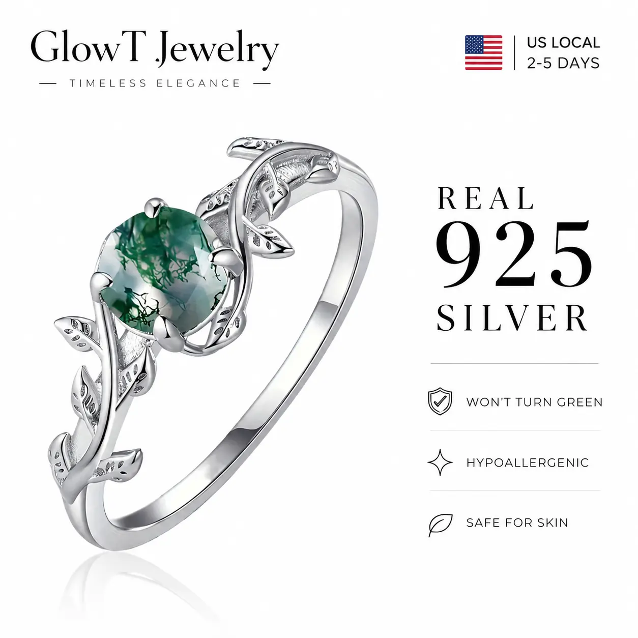 925 Natural Moss Agate Ring with Leaf Design, Elegant and Stylish Hypoallergenic Sterling Silver for Women, Perfect for Casual and Daily Wear, Engagement Ring Birthday Christmas Gift