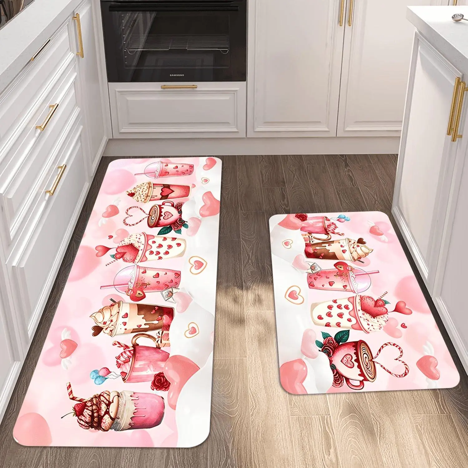 Valentine Sweet Milkshake Heart Print Flannel Non Slip Indoor Kitchen Rug