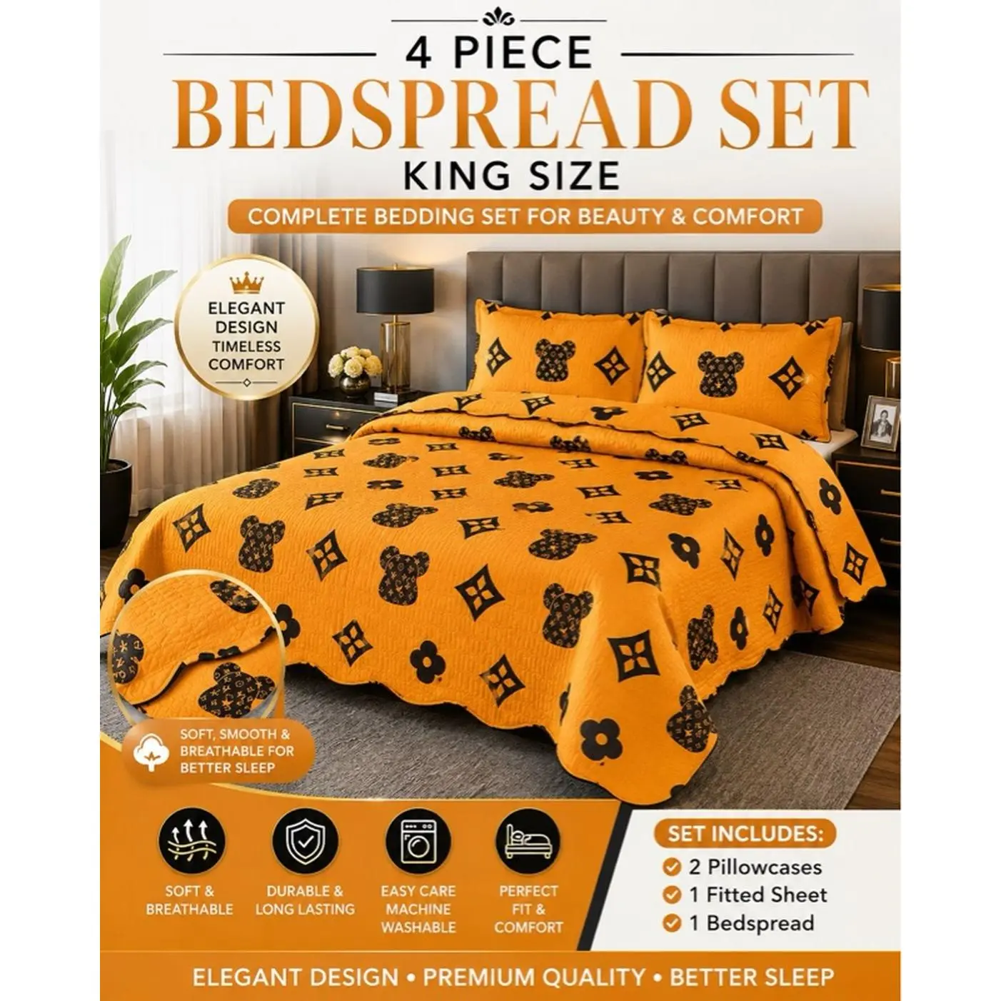 4 Piece Bedspread Set King Size - Elegant Design Timeless Comfort - Soft Smooth Breathable - Premium Quality - Better Sleep - Includes 2 Pillowcases 1 Fitted Sheet 1 Bedspread