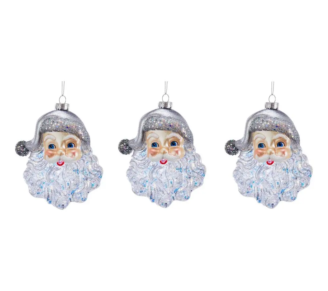 RC Home Decor-Set of 3 Glittered Silver Santa Face Ornaments