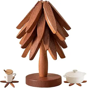 Christmas Tree Trivet Set 4 Foldable Walnut Wood Trivets for Hot Dishes Pots Pans Bowls Teapots Unique Patina Auto-Unfolding Design Perfect Kitchen Gift