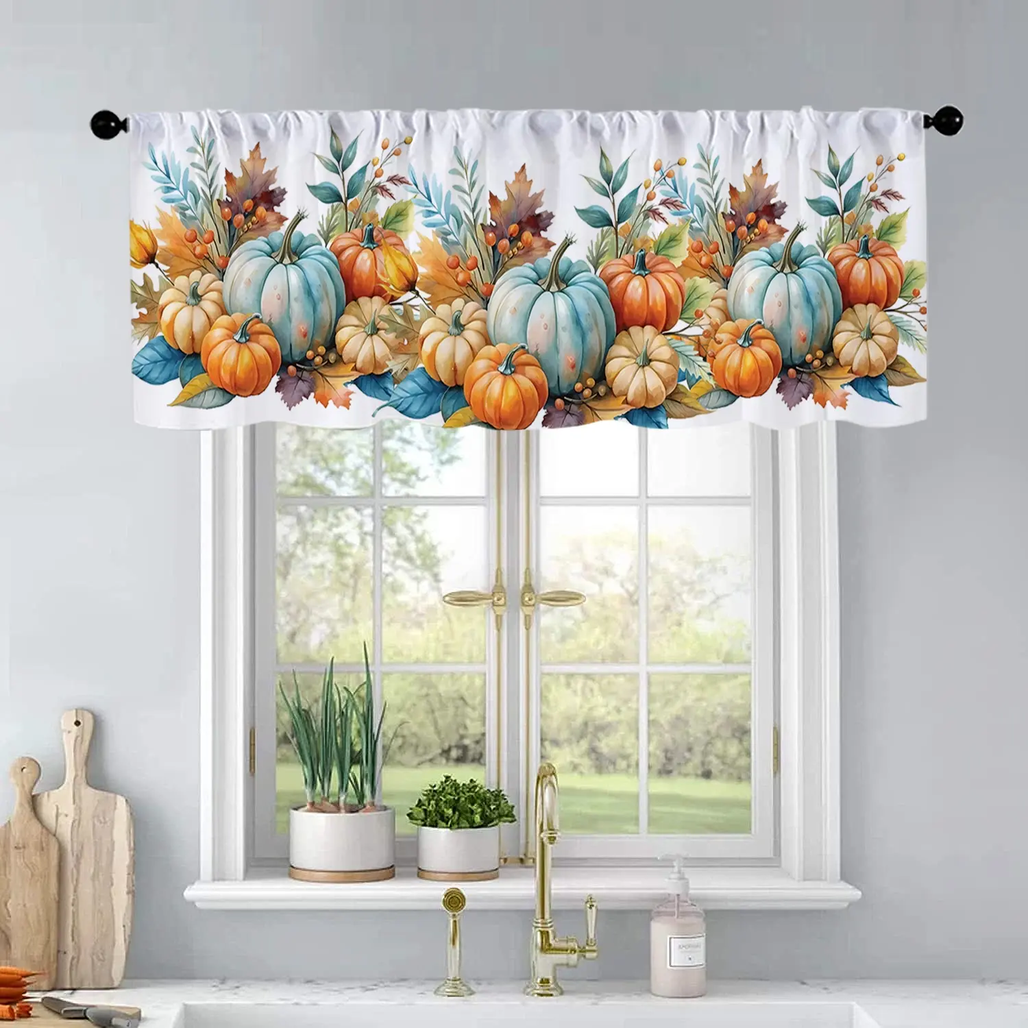 1 Pc Watercolor Pumpkin Blue Orange Maple Leaf Autumn Thanksgiving Watercolor Printed Kitchen Curtain Short Curtain Pole Design Living Room Bedroom Bathroom Home Decor 54 x 18 Inch