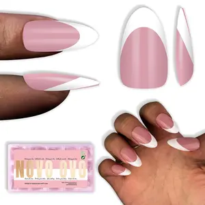 NOVO OVO White French Tip Almond Nail Tips Press on BERRY PINK, Extra Thick Medium Soft Gel Fake Nail Acrylic Extension, Need Builder Gel Top Coat, No Glue Included, for Salon DIY x 15 Sizes 240 pcs【NO GLUE & TOP COAT INCLUDED】