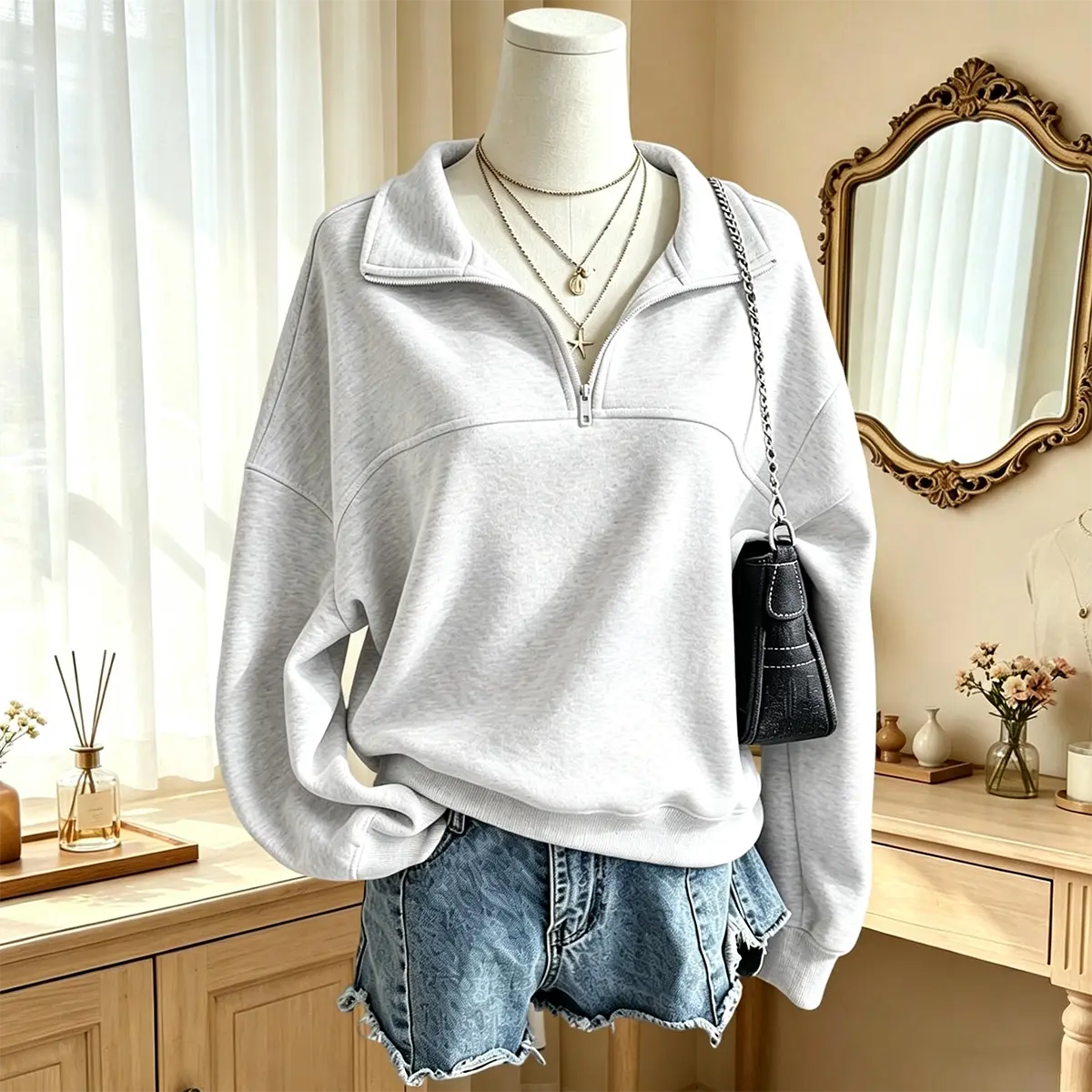 Women’s solid-color autumn/winter half-zip mock-neck sweatshirt, loose outdoor fit with raglan sleeves, casual athletic pullover