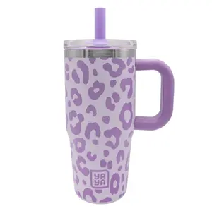 YAYA My First Travel Tumbler for Preschool & Kids 3+, Insulated Stainless Steel Tumbler with Reusable Silicone Straw & Spill-Proof Lid, Cup Holder Compatible, BPA-Free, 12oz, Purple Leopard