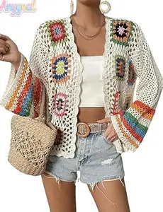 Anygoal Women's Floral Crochet Cardigan Boho Hollow Spring Summer Out Sweater CardiganOpen Front Sweater, Long Sleeve Rainbow Stripe Knit Shrug,with Belt Casual Long Sleeve  Lightweight Breathable Cover Up , Music Festivals summervibes beach outfits
