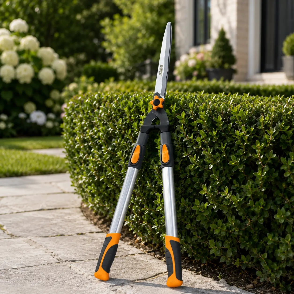 IRONFIX Extendable Manual Hedge Shears, Professional Hedge Trim Cutter Hand Tool, 31.5-44.5 in Telescopic Aluminum Alloy Handles (6-Position), 12 in Steel Blades, PE Non-Slip Grip for Hedges, Shrubs