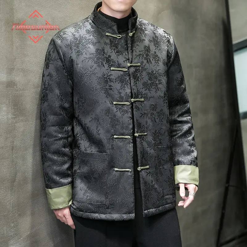 Men's Traditional Chinese Style Tang Suit Jacket, Thick Winter Coat with Mandarin Collar and Retro Print, Casual, Polyester, Clothes, Jackets, Decoration, Long Sleeve, Knitting, Loose Fit, Loose-Fitting, Chinese Style Men's Suits