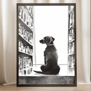 Dog At The Bar Black and White Poster - Bar Cart Print, Beer Artwork, Alcohol Decor, Ink Drawing, Home Decor, Gift for Dog Lover UNFRAMED
