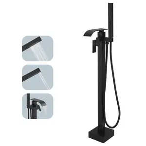 BESy Tub Filler Freestanding Bathtub Faucet Matte Black Floor Mount Tub Faucet Waterfall Free Standing Bathtub Filler High Flow Brass Bath Shower Faucets with Handheld Sprayer wall mount rain shower